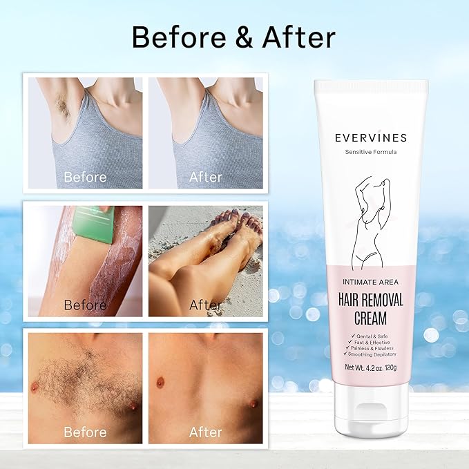 Hair Removal Cream for Women: Bikini Pubic &amp Intimate Areas Legs Arms Underarms - Fast Gentle Painless Depilatory with Scraper for Sensitive Skin at Home or Travel (4.2oz)