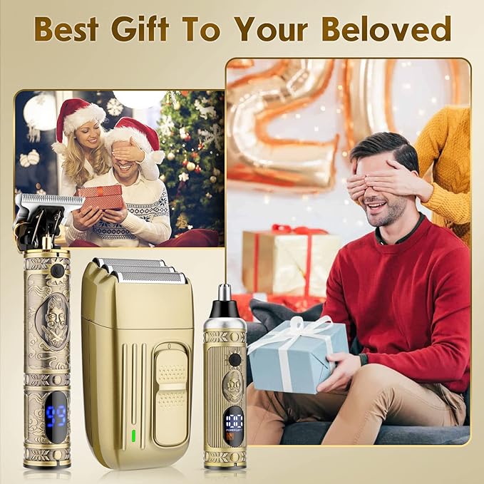 Hair Clippers for MenProfessional Cordless Barber Trimmer SetNose and Ear Hair Trimmer with Razor Replacement HeadUSB Rechargeable Hair Cutting Grooming Kit-LED Display (Gold-1)