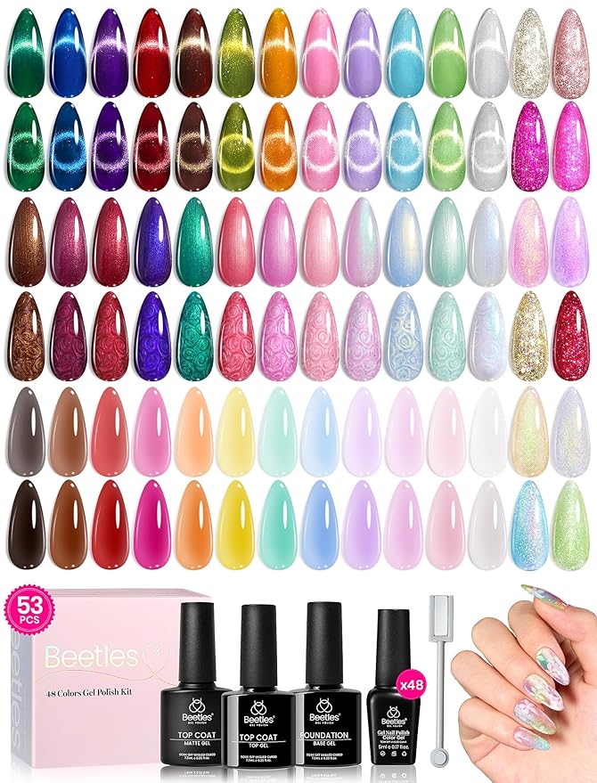 Beetles Winter Gel Polish Set Cat Eye Gel Nail Polish 48 Colors Red Green Brown Blue Nude Pink Jelly Glitter Shell Shread Salon DIY at Home UV LED Needed Gifts for Women Vivid Moments