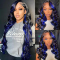 5x5 Black and Blue Colored Lace Front Wig Human Hair Highlight Dark Blue Body Wave Human Hair Lace Wig 180% Density Glueless Wig Pre Cut Ombre Blue Skunk Stripe wigs for Women Pre Plucked (18 inch)