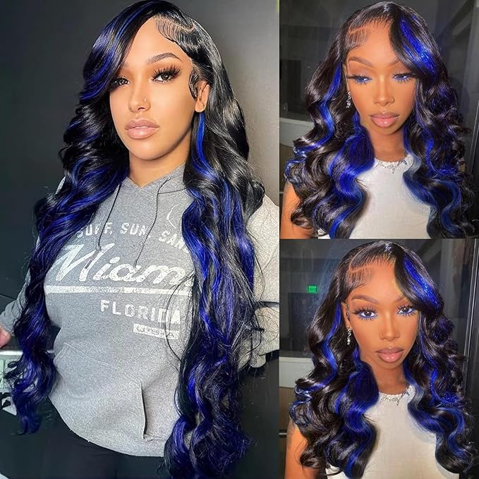 5x5 Black and Blue Colored Lace Front Wig Human Hair Highlight Dark Blue Body Wave Human Hair Lace Wig 180% Density Glueless Wig Pre Cut Ombre Blue Skunk Stripe wigs for Women Pre Plucked (18 inch)