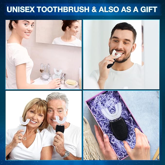 2 Pieces Ultrasonic Electric Toothbrush Adults U Shaped Automatic Toothbrushes for Teeth Whitening 3 Brush Heads Whole Mouth 360 Degree Cleaning Hands Rechargeable IPX7 Waterproof (No Base)