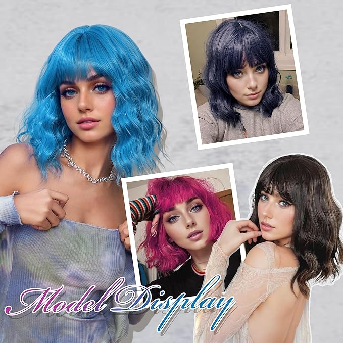 FAELBATY Short Curly Wavy Hot Pink Wigs with Air Bangs Shoulder Length Wig for Women Synthetic Halloween Cosplay Costume for Girl (12 Hot Pink)