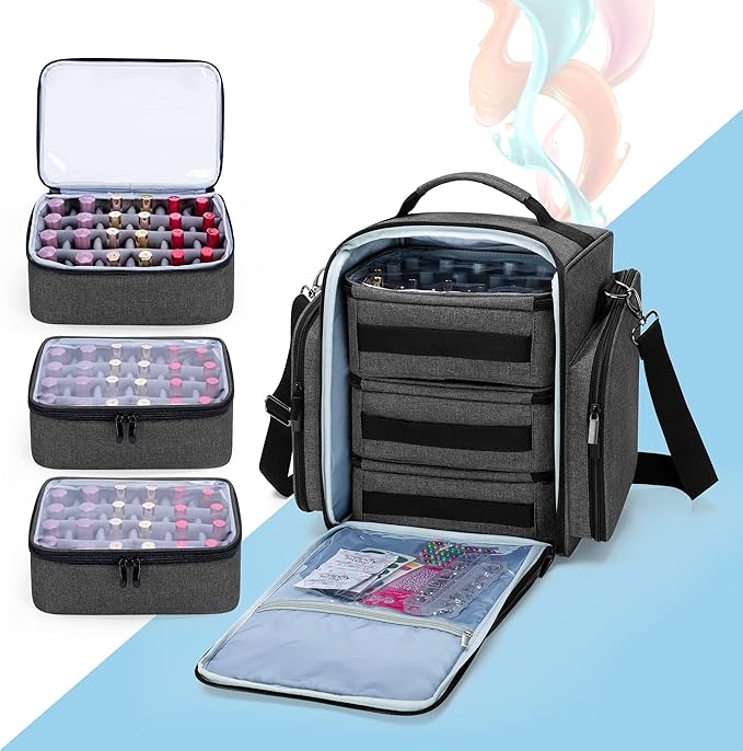 BAFASO Nail Polish Organizer Holds 72 Bottles (15ml - 0.5 fl.oz) Large Nail Polish Case with 3 Removable Pouches and Multiple Storage Sections (Patented Design) Black