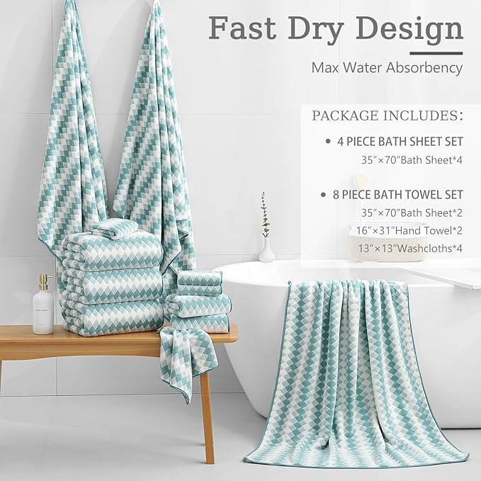 8 Piece Bathroom Towel Set Aqua |2 Oversized Large Bath Towels Sheet2 Hand Towels and 4 Washcloths| 600GSM Ultra Soft Luxury Premium Towel Set Highly Absorbent Quick Dry Hotel Towel Collection