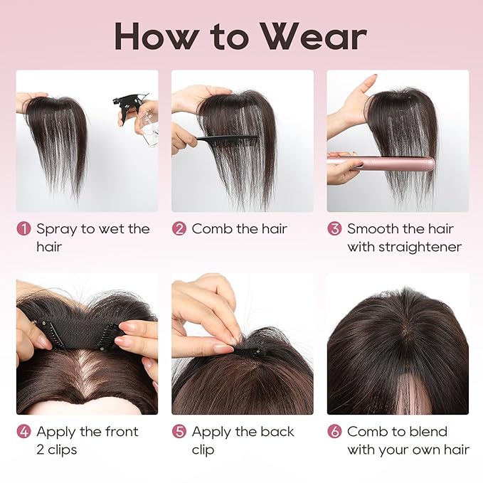 REECHO Hair Toppers for Women Real Human Hair Seamless Human Hair Toppers with Bangs 360° 3D Cover Clip in Bangs Hair Extensions for Daily Wear Natural Black