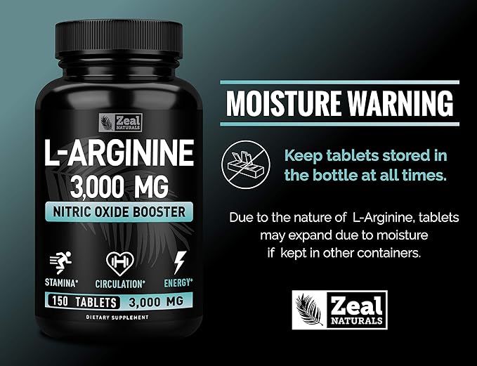 Zeal Naturals L Arginine 3000mg Capsules (150 Tablets | 1000mg) Maximum Dose L-Arginine Nitric Oxide Supplement for Supporting Muscle Growth Vascular Function and Energy - Nitric Oxide Booster