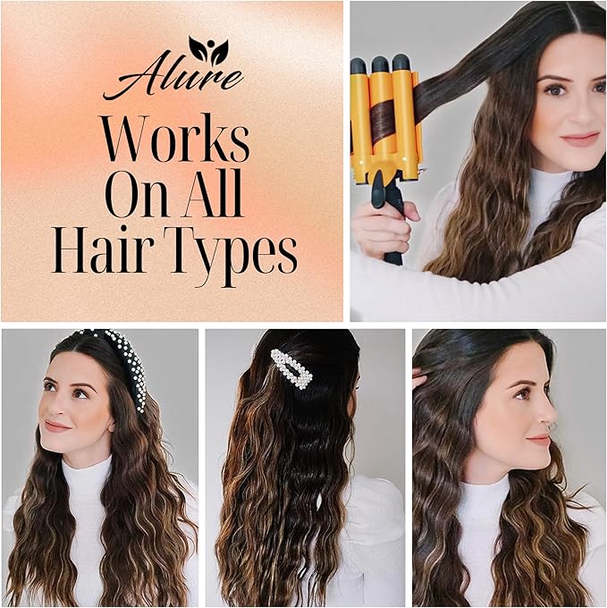 Alure Three Barrel Curling Iron Wand Hair Waver with LCD Temperature Display - 1 Inch Ceramic Tourmaline Triple Barrels Dual Voltage Crimp (zGold)