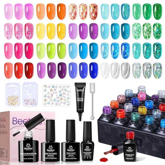 Beetles Jelly Gel Nail Polish Kit20 Colors Neon Cat Eye Glitter Soak Off UV LED Gel Nail Kit Pink Orange Blue with Base Matte Top Coat for DIY Nail Art Sunbeam Jelly Gift for Women