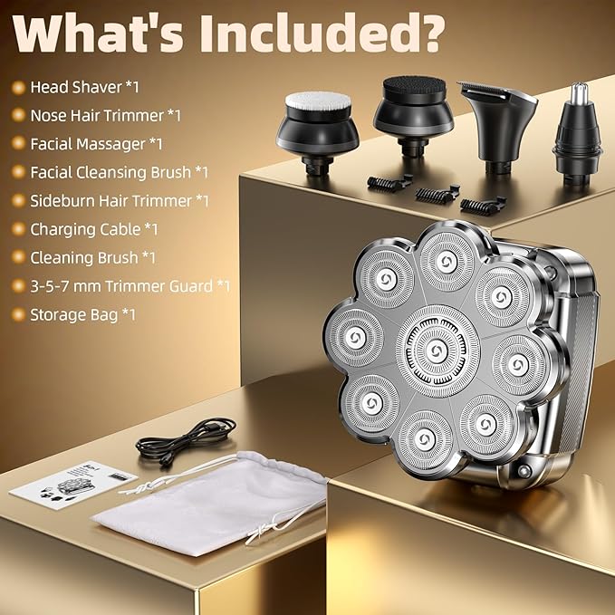 9D Head Shavers for Bald Men 5 in 1 Detachable Head Shaver with LED Display IPX7 Waterproof Wet Dry Rechargeable Electric Shavers for Men Grooming Kit for Home &amp Travel
