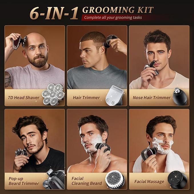 Head Shavers for Bald Men Professional 5-in-1 Electric Head Shaver Grooming Kit 7D Floating Wet &amp Dry Electric Razor for Bald Heads with LED Smart Display &amp Type-C Charging for Hair/Face/Bea