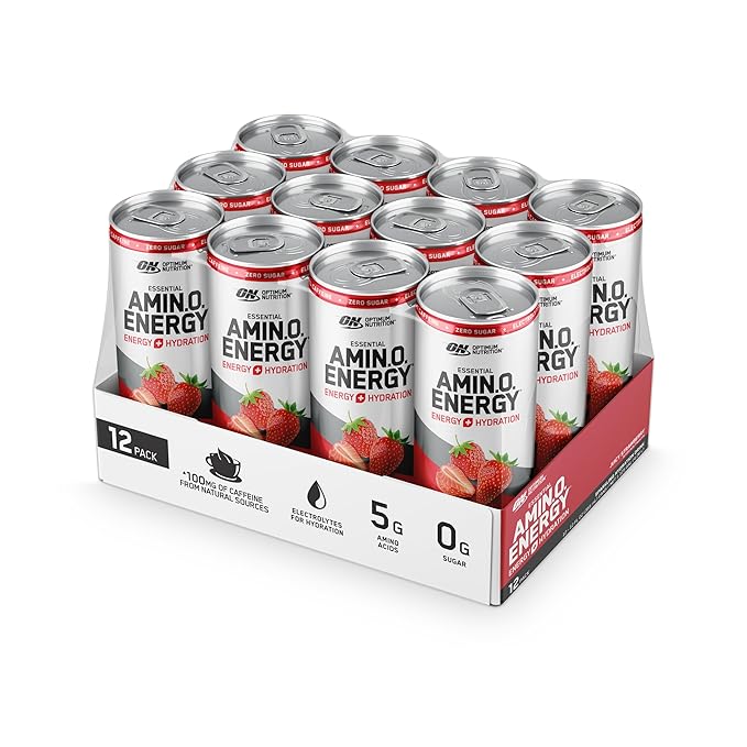 Optimum Nutrition Amino Energy Sparkling Hydration Drink Electrolytes Caffeine Amino Acids BCAAs Sugar Free Juicy Strawberry 12 Fl Oz 12 Pack (Packaging May Vary)