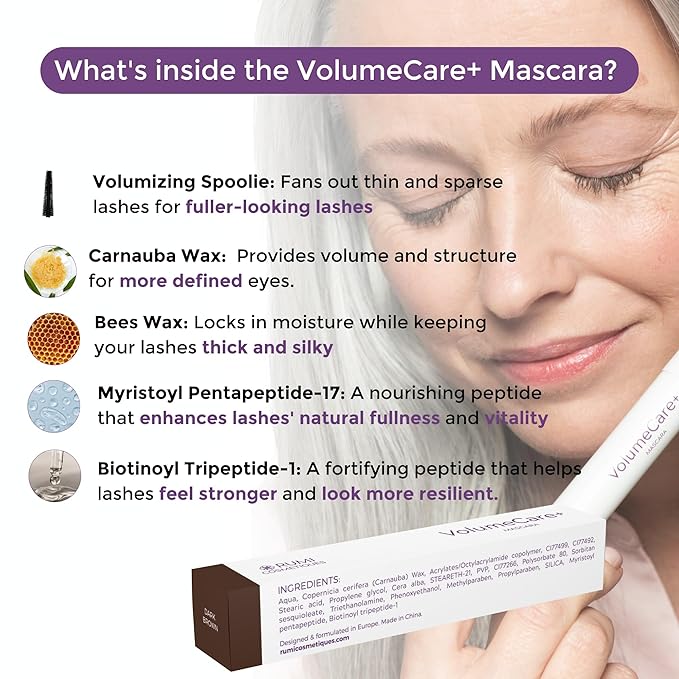 Rumi Cosmetiques VolumeCare+ Mascara For Mature Women - Extreme Length and Volume 2-in-1 Formula - No Clumps or Flaking Long-Wearing Hypoallergenic Mascara For Sensitive Eyes (Dark Brown)