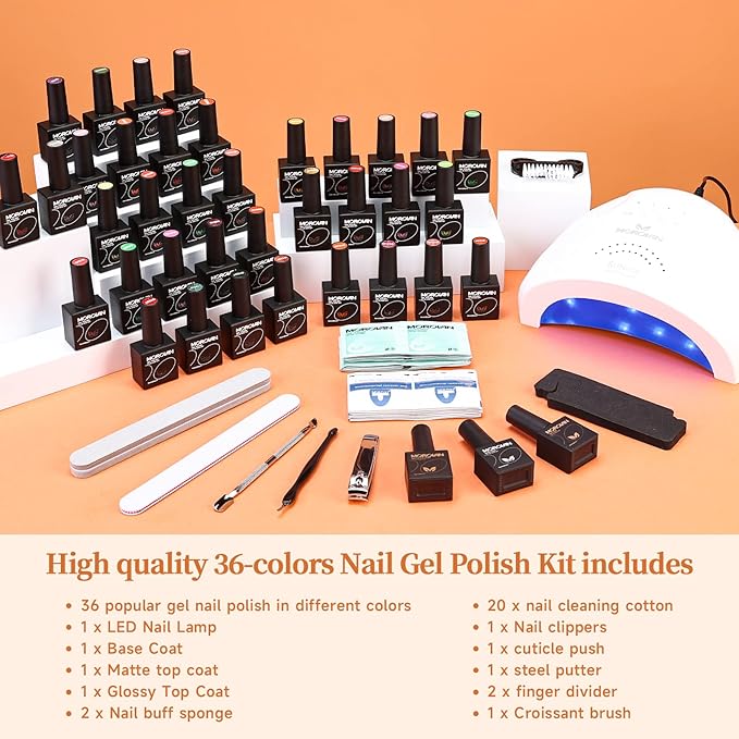 Morovan Gel Nail Polish Set - 36 Colors With UV Light 48W Lamp Base &amp Top Coats Tools Pure &amp Glitter Soak Off Kit Large Capacity Manicure Starter Set Gifts for Women
