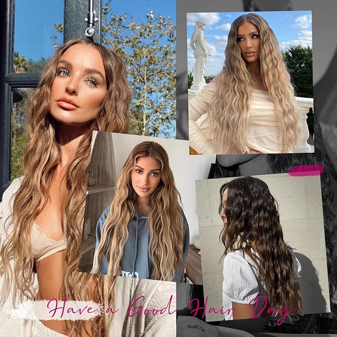 REECHO Clip in Hair Extensions 5PCS Blonde Hair Extensions 24 Thick Long Loose Waves hair extensions HE002 Invisible Lace Weft Natural Soft Hairpieces for Women ? Dark Ash Blonde