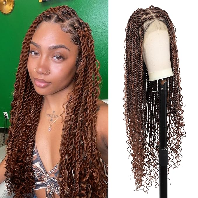 Kalyss HD Full Lace Boho Braided Wigs for Women 360 Lace Front Twist Braided Wigs with Baby Hair Brown Premium Synthetic Knotless Braid Wig 36