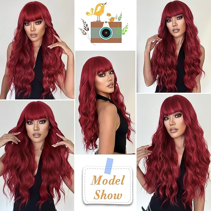 Lativ Red Wig With Bangs Long Red Wigs for Women 26 Inches Curly Wavy Hair Natural Looking Heat Resistant Fiber Wig for Girls Halloween Party Use
