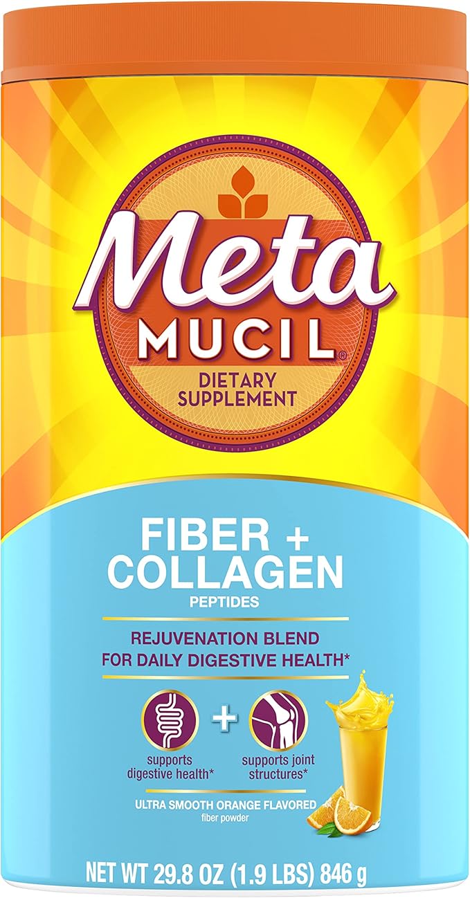 Metamucil Daily Fiber + Collagen Psyllium Husk Powder Plant Based Fiber Supplement Sugar-Free with Stevia 3-in-1 Fiber Supplement for Digestive Health Orange Flavored 90 Doses
