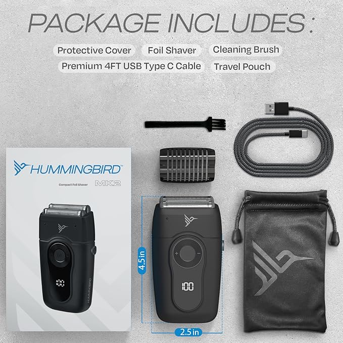HUMMINGBIRD MK2 Compact Foil Shaver ? No Nick No Cut No Razor Burn Face Shaver for Men Portable USB C Rechargeable Dual Foil Flex Head Electric Razor LED Display Travel Head &amp Facial Groomer
