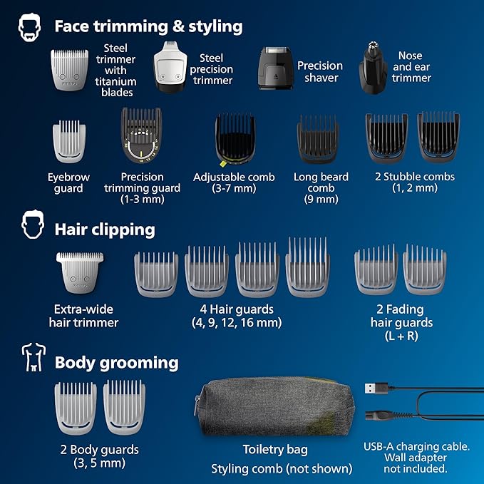 Norelco Philips All-in-One 7000 Series 23-Piece Trimmer - Electric Shaver and Clipper for Face Beard Head &amp Body Self-Sharpening Titanium Blades 26 Length Settings (0.5-16 mm) MG7970/49