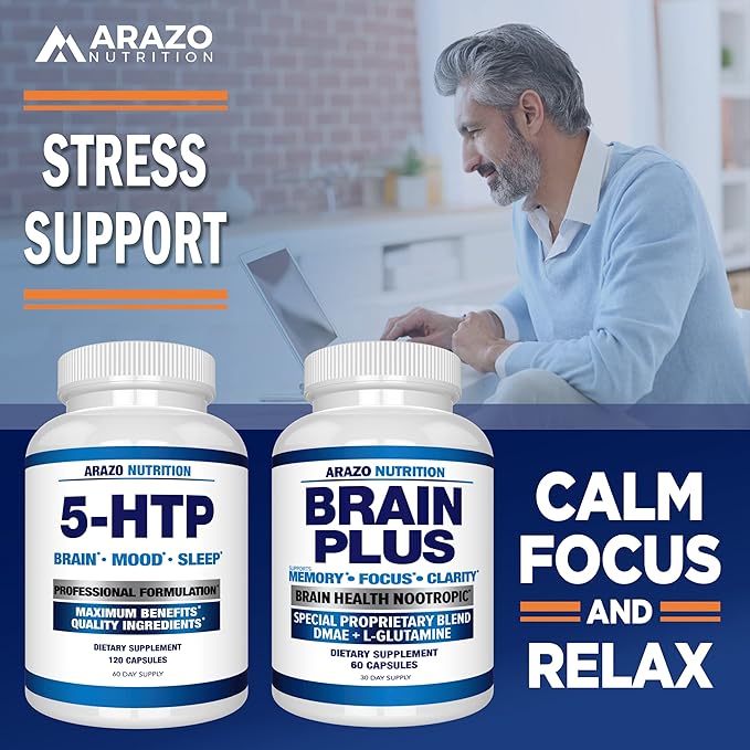 5-HTP 200 MG Plus Calcium for Mood Sleep ? Supports Calm and Relaxed Mood ? 99% High Purity ? 120 Capsules ? Arazo Nutrition