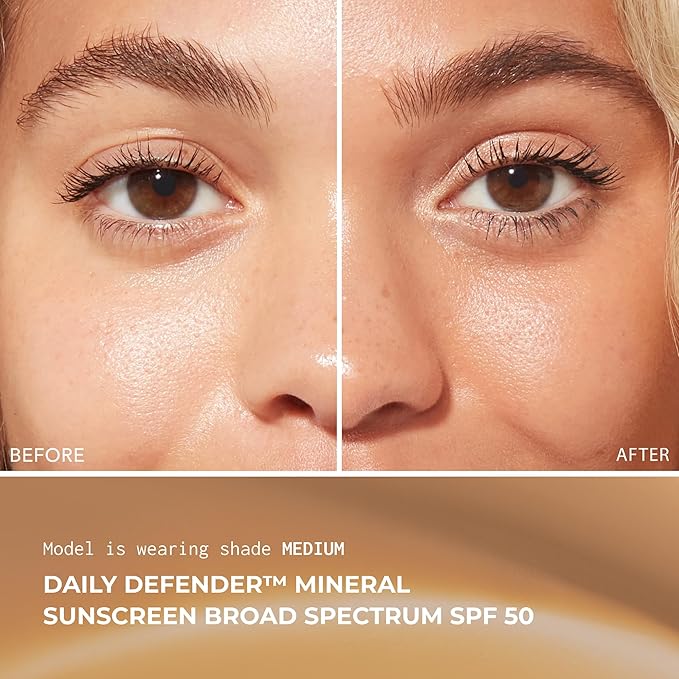 Daily Defender Broad Spectrum SPF 50 Mineral Sunscreen with Hyaluronic Acid Vitamin C &amp Niacinamide (as Vitamin B3) Lightweight UVA &amp UVB Protection Skin Care Medium