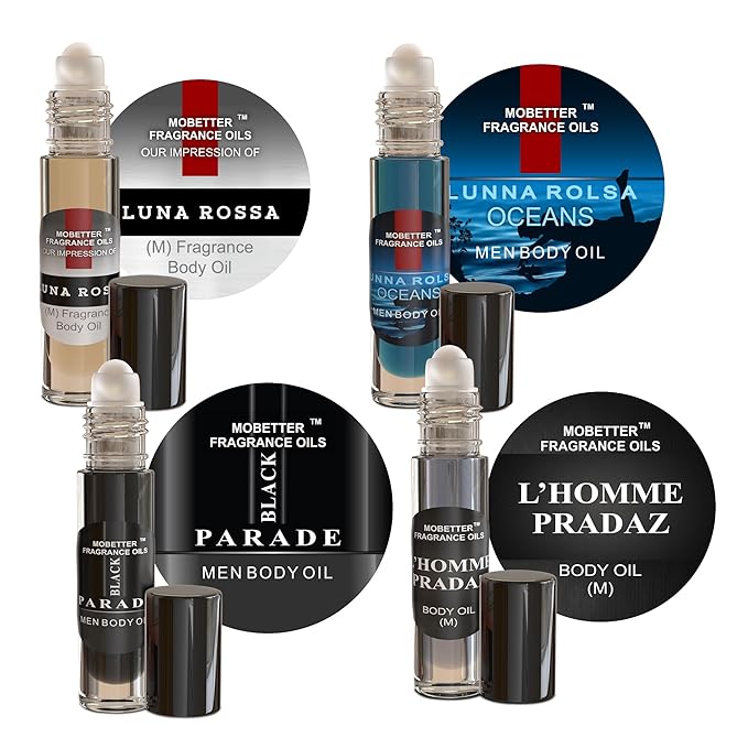 MOBETTER FRAGRANCE OILS Men's Perfume Body Oil Bundle - Set of 4 Roll-On | Luna Rossa Luna Rossa Oceans Black Parade L'Homme Pradaz | Long Lasting Travel Friendly Alcohol-Free