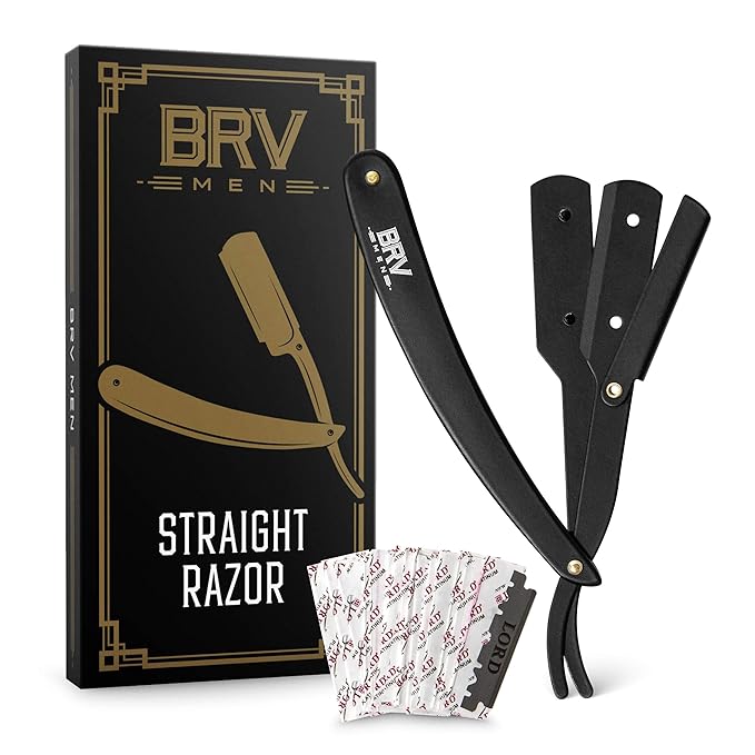 BRV MEN Professional Straight Edge Barber Razor w/ 100 Single Edge Razor Blades | Straight Razors for Men | Barbershop Accessories | Mens Shaving Knife &amp Shavette - Black
