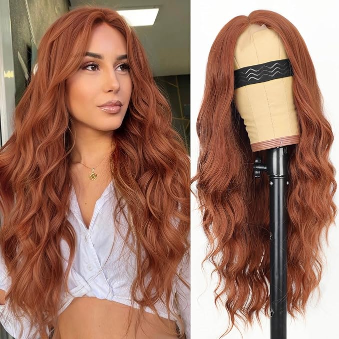 AISI HAIR Ginger Wig for Women Long Wavy Lace Hairline Middle Part Synthetic Heat Resistant Wig for Daily Party-26 Inch