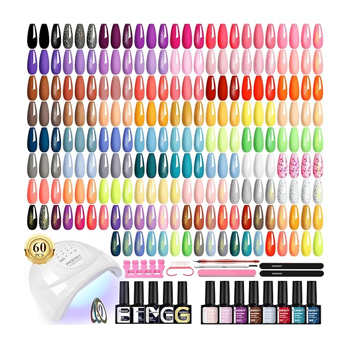 phoenixy 71 Pcs Gel Nail Polish Kit with U V Light 60 pcs Gel Nail Kit with 5 Pcs Base Top Coat Manicure Starter Nail Polish Set Christmas Gifts for Women ST9019