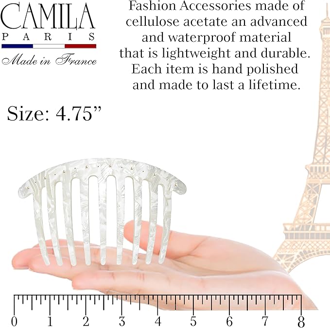 Camila Paris CP3737 French Side Comb Rounded White and Stones French Twist Hair Combs Decorative Strong Hold Hair Clips for Women Bun Chignon Up-Do Styling Girls Hair Accessories Handmade in France
