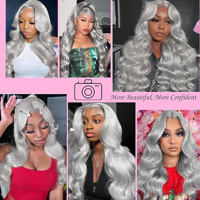 20 Inch Grey Body Wave Lace Front Wigs Human Hair 180 Density HD Transparent 13x4 Lace Frontal Wig Pre Plucked With Baby Hair Gray Lace Closure Glueless Wigs For Women