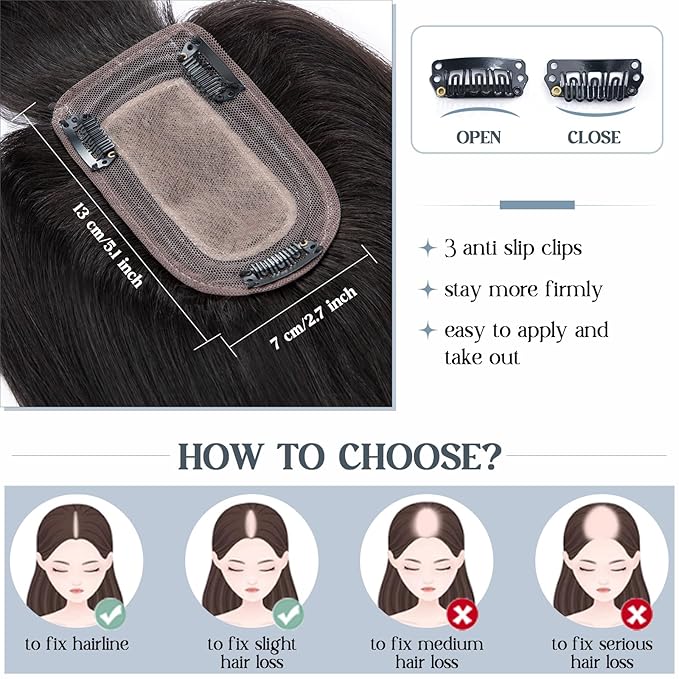 Benehair Hair Toppers for Women Real Human Hair With Bangs 150% Density 7 * 13 CM Silk Base Clip in Hair Pieces for Women 10 Inch #1B Natural Black