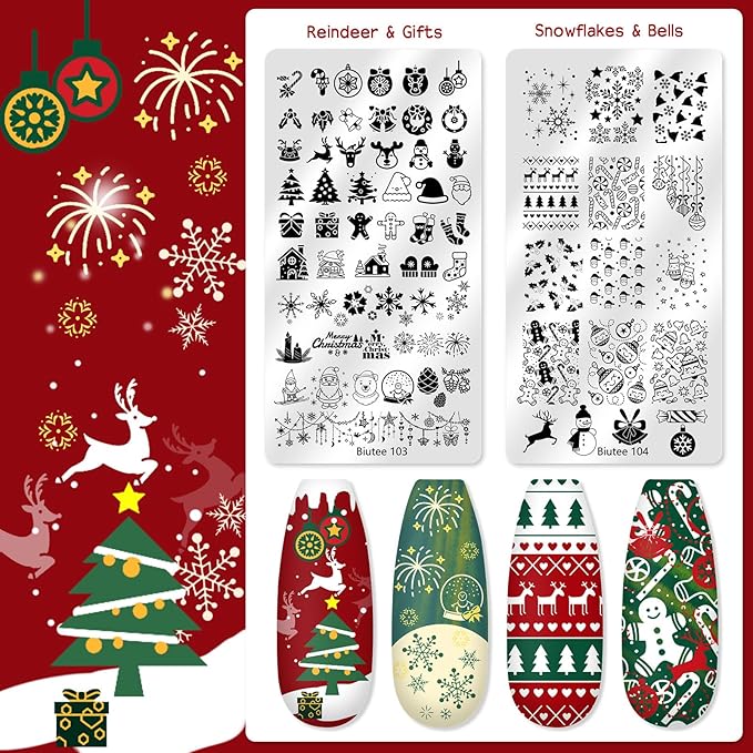 Biutee Nail Stamper Kit 12Pcs Nail Art Stamping Plate 8 Colors Stamp Polish Gel with Top Coat and Base Coat Set Silicone Stamper Scraper Nail Stamp Plates Love Flower Butterfly Leaf Christmas Design