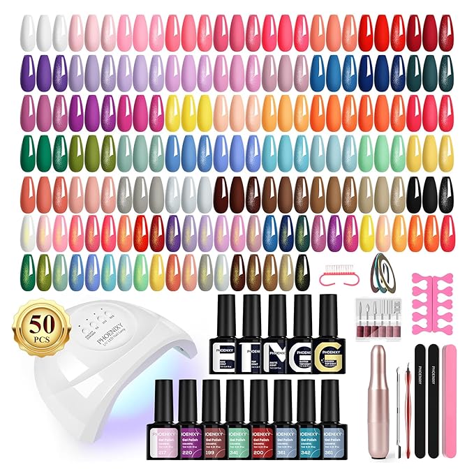 phoenixy 63 Pcs Gel Nail Polish Kit with U V light and Drill 50 Pcs Gel Polish with 5 Pcs Base Top Coat Manicure Starter Nail Polish Set Christmas Gifts for Women ST9017