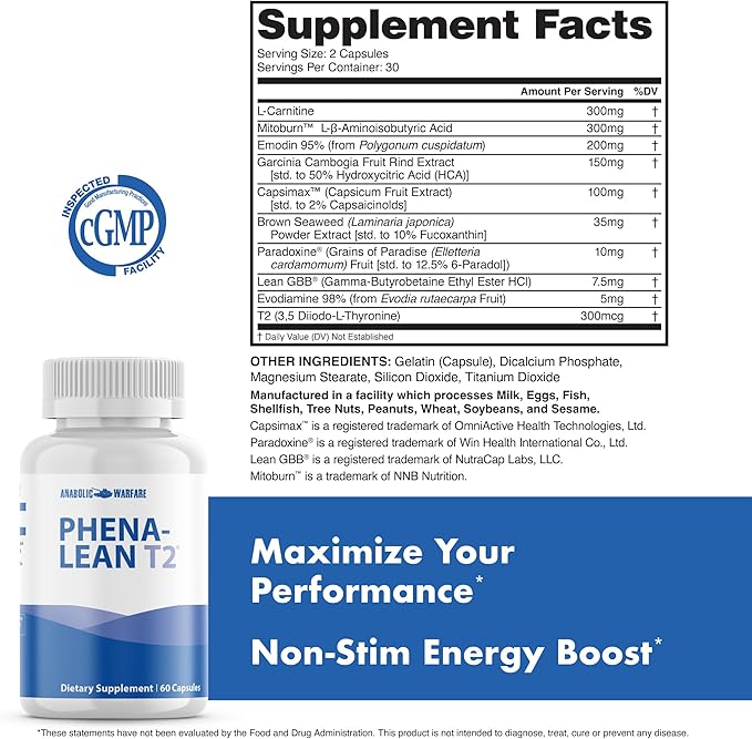 Anabolic Warfare Phena-Lean??T2 Premier Supplement from Thermogenic Body Composition Supplement ? Non-Stimulant ? 60 Capsules*