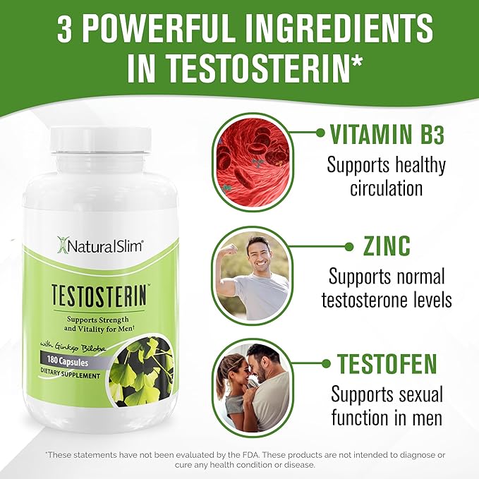 NaturalSlim Natural Testosterone Booster for Men - Male Enhancing Supplement with Ginkgo Biloba L Arginine Zinc Vitamin B3 &amp Testofen for Energy Muscle Builder &amp Metabolism - 180 Capsules