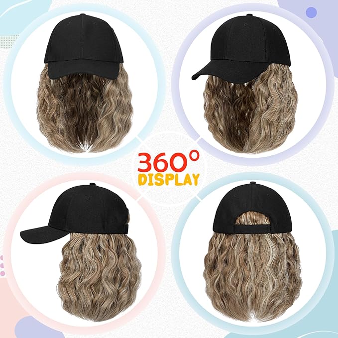 Baseball Hat WigHat with Hair attached 16'' Adjustable Black Cap with Wavy Curly Synthetic Bob Hair Extensions for Women Girls(Mid Brown Mix Blonde)