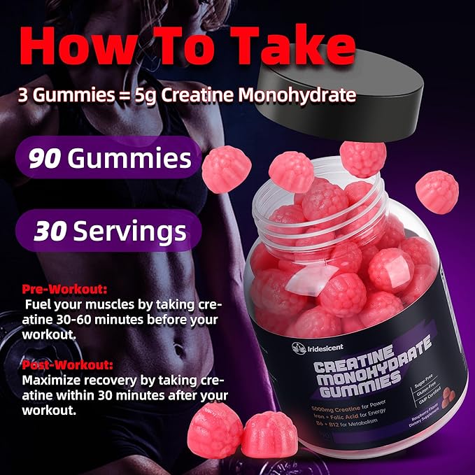 Creatine Monohydrate Gummies 5000mg w/Iron Vitamin B6 &amp B12 Sugar Free 5g Creatine Supplements for Women - 90 Raspberry Gummies