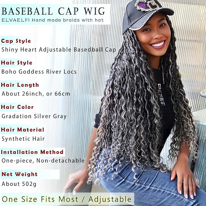 26 Boho Goddess River Locs Crochet Hair Extensions Gradient Grey Shine Heart Baseball Cap Wigs for Women