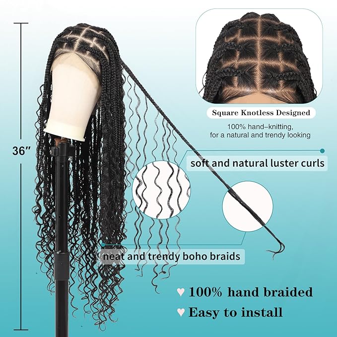 Kalyss HD Full Lace Boho Braided Wigs for Women 360 Lace Front Box Braided Wigs with Baby Hair Black Premium Synthetic Knotless Braid Wig 36