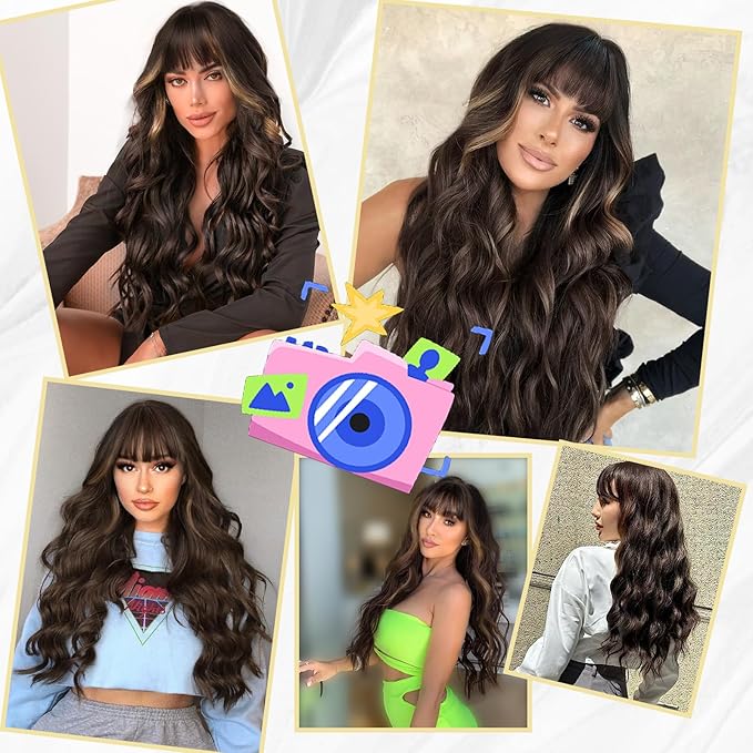 Lativ Brown Wig With Bangs Long Wavy Brown Hightlight Wigs Natural Curly Synthetic Wig for Women Daily Party Use 26 Inches