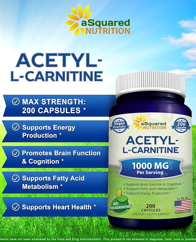 aSquared Nutrition Acetyl L-Carnitine 1000mg Max Strength - 200 Veggie Capsules - High Dosage Acetyl L Carnitine HCL (ALCAR) Supplement Pills to Support Pure Energy Brain Function &amp Fatty Acid