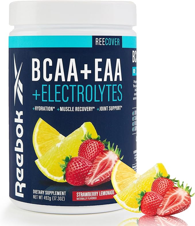 Reebok REECover Amino Acids + Electrolytes | 8g EAAs 5g BCAAs Hydration Matrix | Muscle Recovery Strength | Post-Workout Support | 30 Servings | Strawberry Lemonade