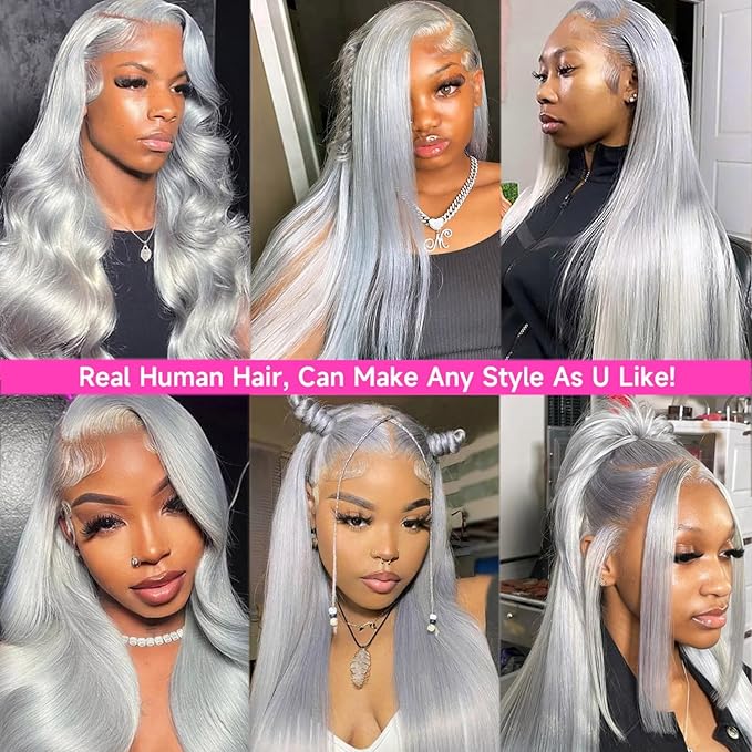 Grey Lace Front Wigs Human Hair 180% Density 13x4 HD Transparent Lace Frontal Wig Real Human Hair Pre Plucked Bleached Knots Gray Silver Color Brazilian Virgin Glueless Wigs for Black Women 20 Inch