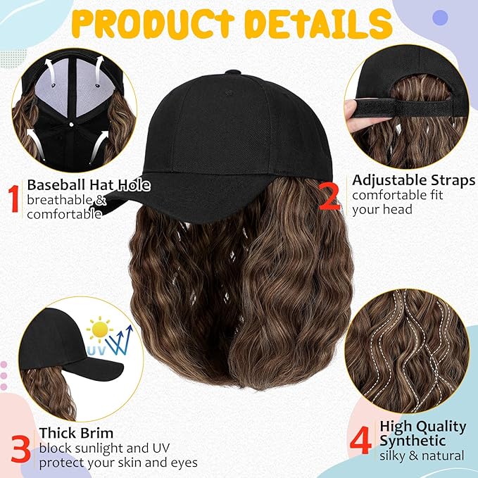 Baseball Hat WigHat with Hair attached 16'' Adjustable Black Cap with Wavy Curly Synthetic Bob Hair Extensions for Women Girls(Medium Blonde Mix Ash Blonde)
