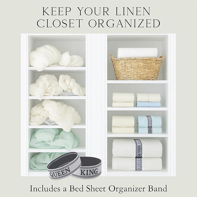 KARISSA MAE Cooling Bamboo Viscose Queen Sheet Set | 100% Organically Grown | 18??Deep Pocket | Silky Soft &amp Hypoallergenic | with Organizer Band &amp Elastic Corner Straps [Grey Mist]