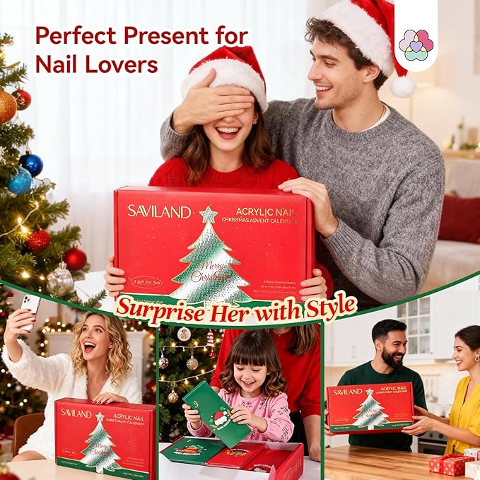 SAVILAND Acrylic Nail Kit Christmas Advent Calendars: Premium Acrylic Nail Kit with Nail Drill Xmas Stickers 24 Days Christmas Manicure Gift Set For Women Girls Limited Winter Holiday Gifts