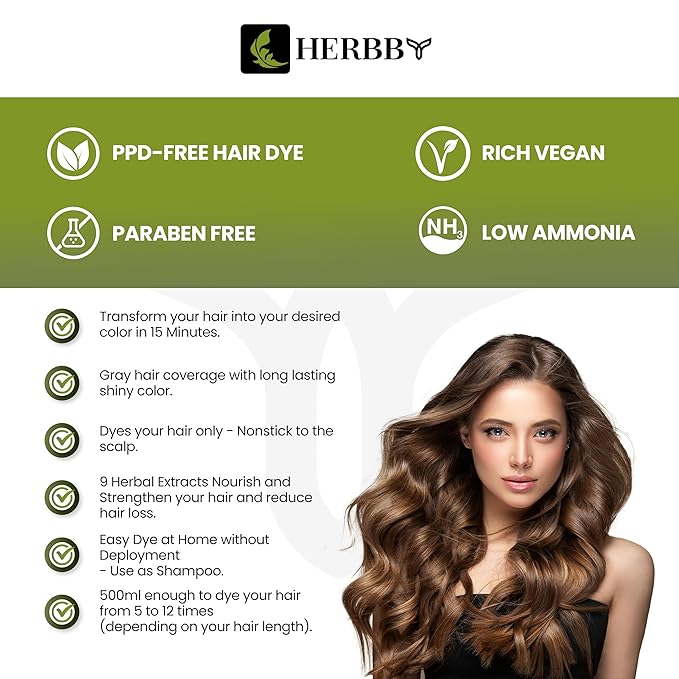 HERBBY Gray Hair Coverage Shampoo &amp Conditioner - Color Transform with 9 Herbal Extracts Long-Lasting (6-8 Weeks) Shiny Even Coloring Instant Hair Dye 500 ml (CHESTNUT BROWN)