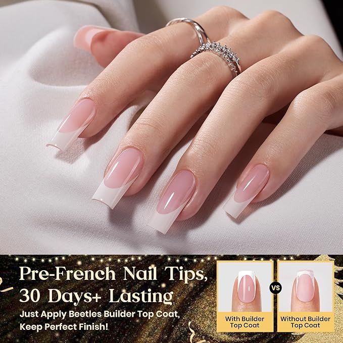 Beetles X Press Plus On Nails Kit - Rose French | Pink Long Square French Tip Press On Nails | 224Pcs 16 Sizes All-in-One Kit With Nail GlueRemoverBuilder Top CoatNail Lamp
